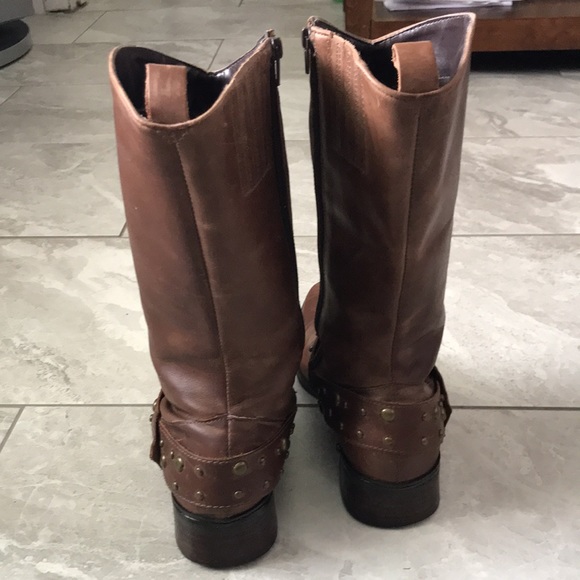 BROWN Leather Studded Strap Mid Calf Boots | Women |  7 - Picture 9 of 16
